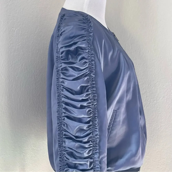 William Rast Dark Blue Bomber Jacket Sleeve Ruffles Satin Sporty Stripe Hem - Picture 3 of 10